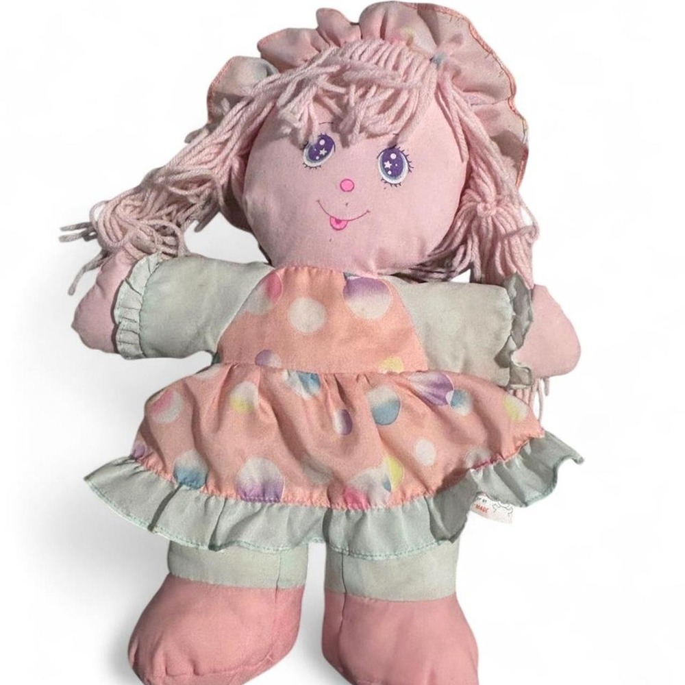 Vintage 1988 Well Made Toy Rag Doll Pink Polka Dot Dress Bonnet 13" Plush